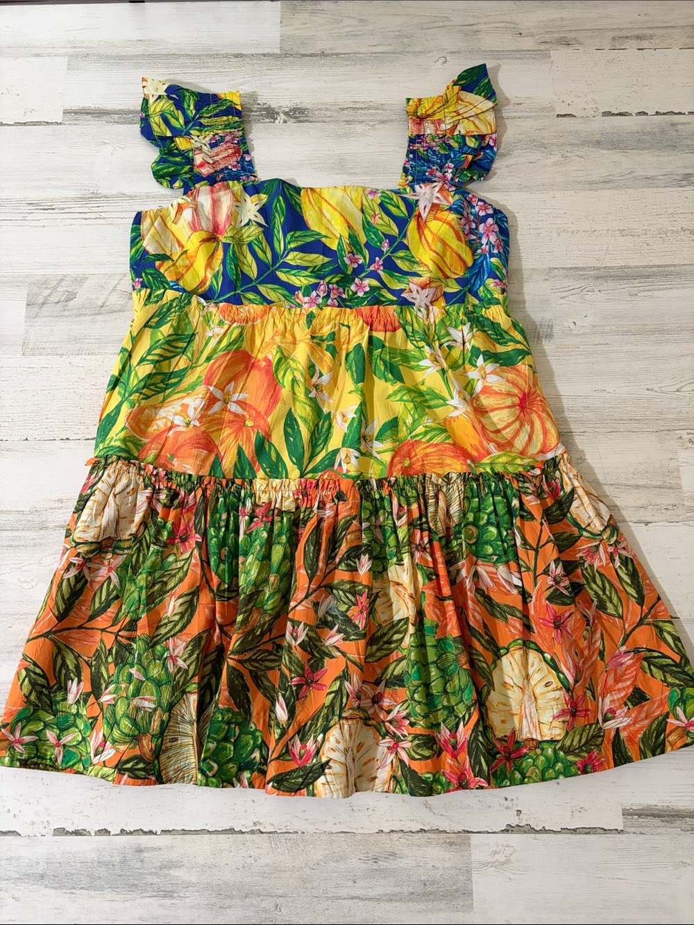 FARM Rio Caipirinha Mini Dress Tropical Fruit Flutter Sleeve Size Large - Picture 4 of 13